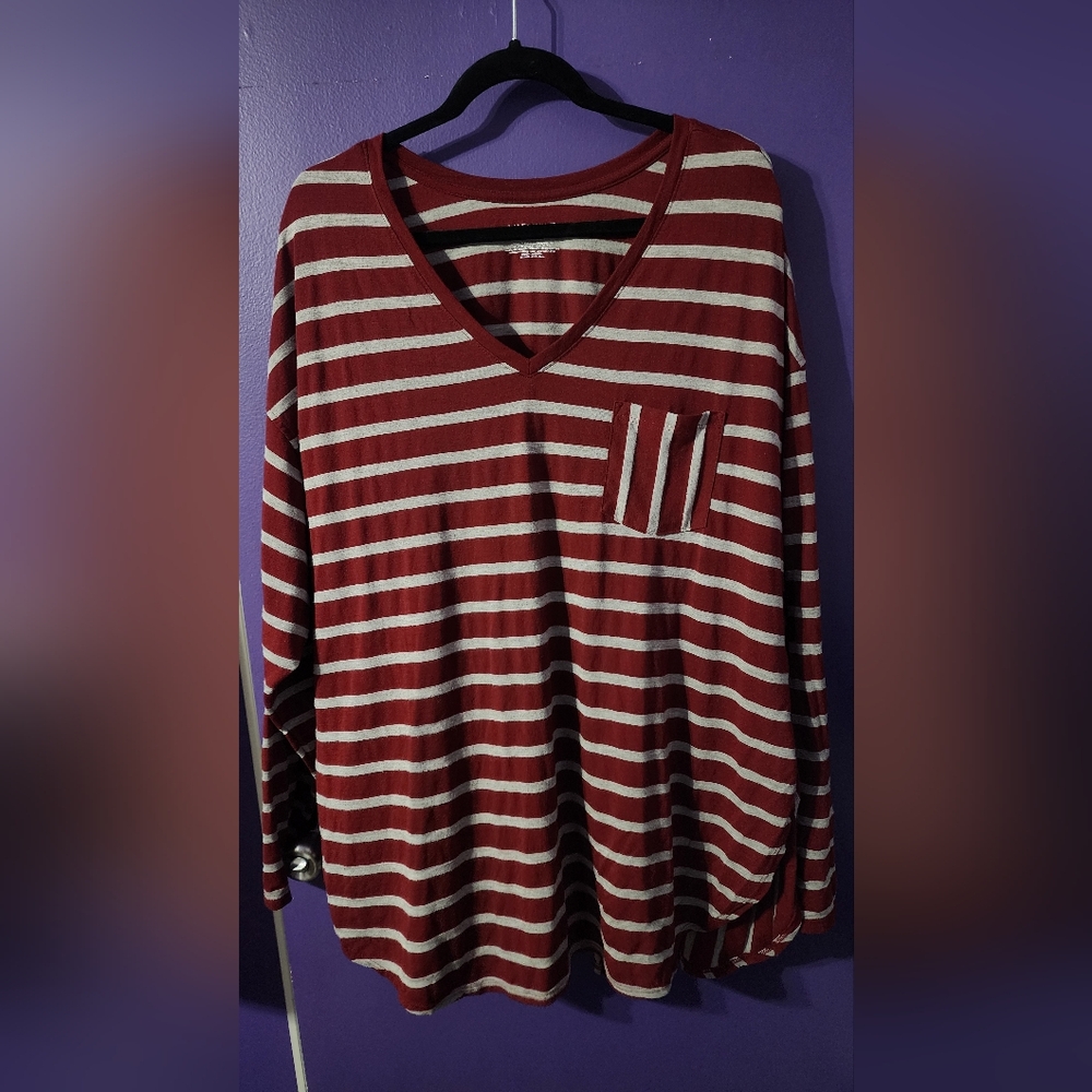 Lane Bryant Striped V-Neck Long Sleeve Top in Burgundy and Grey
